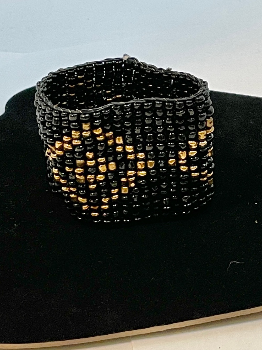 Black With Brass Diamond Stretch Seed Bead Bracelet, Metallic Boho, 15 Strands